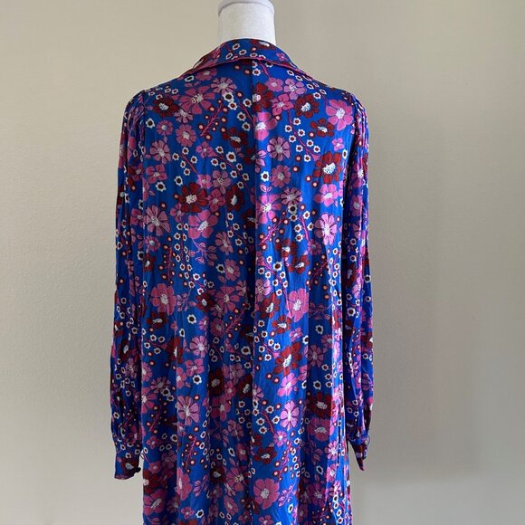 Free People Daisy Jane Mini Dress Purple Floral Retro Tie Neck SXS Oversize - Picture 2 of 9